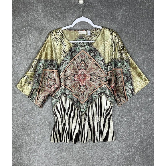 Chico's Tops - Chicos Lynda Zebra‎ Mix Top Size 12 Peplum 3/4 Sleeve Paisley Satin Smocked